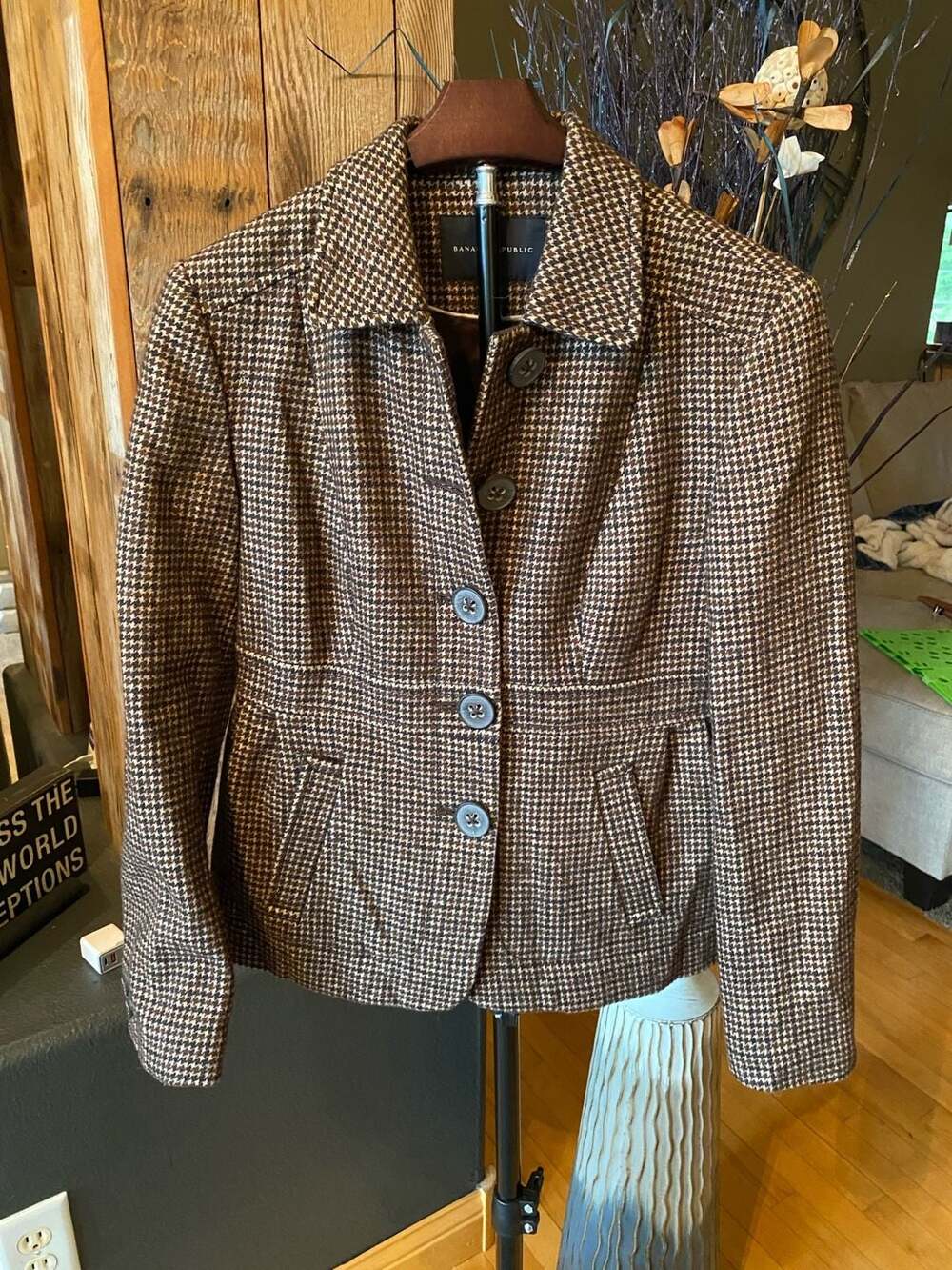 Banana Republic Women Size 6P Brown Houndstooth Wool Blend Hacking Blazer Jacket